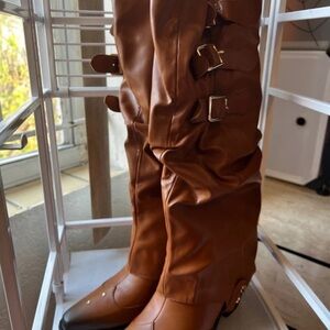 Tall Buckled Riding Boots in Cognac